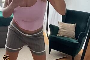 woman masturbates in mirror wearing sexy panties and socks