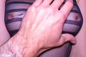 Hot milf step mom rubs cock on her hairy pussy