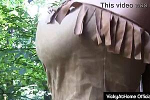 vicky vette teases her wet pussy in a sexy costume outdoors with big tits and long hair showing off. 😏💦