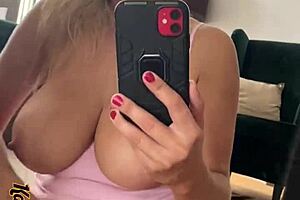 woman masturbates in mirror wearing sexy panties and socks