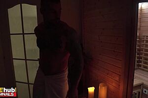 Hey sexy milf wife with great tits, what if you get seduced in the sauna by this muscular bodybuilder for some nervous cheating riding and missionary action?