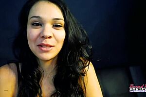 Cute Brunette Sabrina Masturbates Hairy Pussy and Blows Interracial Big Cock for Facial Cumshot Swallow in Petite Rimjob Action