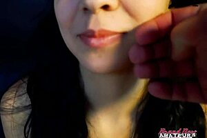 Cute Brunette Sabrina Masturbates Hairy Pussy and Blows Interracial Big Cock for Facial Cumshot Swallow in Petite Rimjob Action