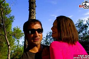 Wow, French brunette milf next door tries anal outdoors in the forest with natural tits bouncing!