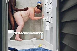 Plump brunette milf takes big black cock in the shower for intense interracial fuck. She rides it hard in the bedroom until creampie fills her up.