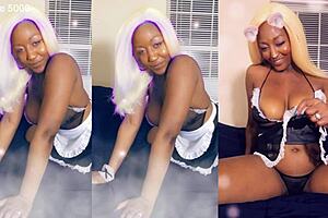 Ebony maid house cleaning in thong