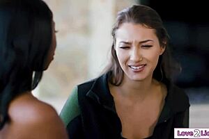 Brunette milf lets petite asian and ebony babes lick pussies in threesome while she's away