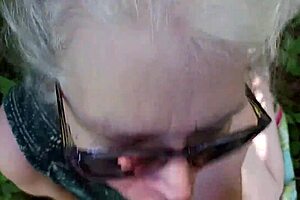 Wow this sexy mature bbw is just sucking fat cock deep in the woods!