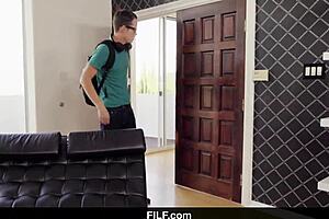 in a neutral story, lily lane catches her stepson jerking off to his stepmom in the kitchen during yoga