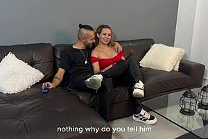 horny neighbor karen sleent convinces her best friend's son to watch a movie then fuck on the sofa with cum in mouth