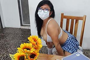 Fake student in sexy short skirt masturbates at home with dildo showing her inflated tits