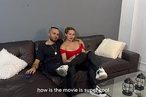 horny neighbor karen sleent convinces her best friend's son to watch a movie then fuck on the sofa with cum in mouth