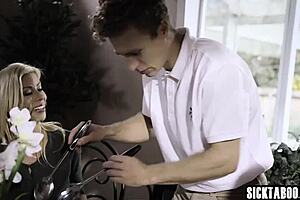 Perverted Stepmom Seduces Stepson and Petite Girlfriend into Threesome with Blowjobs