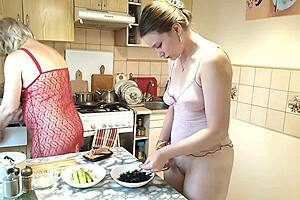 two naked cute teen 18+ virgin girl and sexy milf platinum kiss in kitchen. they explore big ass milf perfect ass with natural tits pussy fetish old and young 18+ taboo role play  