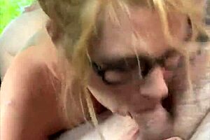 Streetwalker with glasses deepthroats a cock then sucks off every drop of cum after a man cums in her mouth