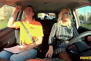 fake driving school blonde milf with huge boobs, do you love riding a big dick in the car outdoors?