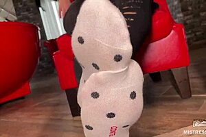 goddess teases with wrinkled feet in socks then goes barefoot under desk for close up play