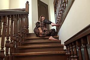 busty milf takes anal fucking on stairs. she masturbates her clit with fingering in amateur solo.