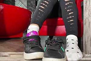 goddess teases with wrinkled feet in socks then goes barefoot under desk for close up play