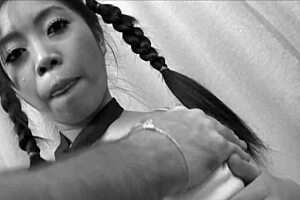 Hot Thai teen takes big dick in shaved pussy and gaping asshole during lingerie anal