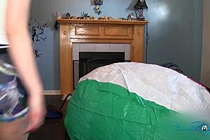 Mega Beach Ball Inflation With Brunette Milf In Socks Behind The Scenes!