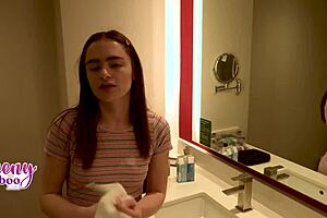 stepdad cums inside cute 18 yo stepdaughter Reese Robbins with small tits shaved pussy in homemade pov doggystyle riding and missionary creampie taboo