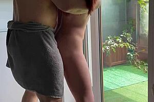 big muscle milf with tight ass gets roughly fucked by huge cock on window