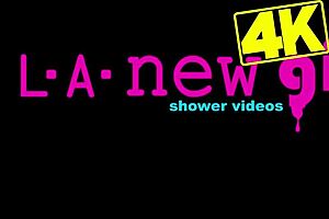 Sweet brunette beauty takes shower