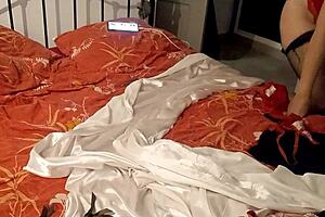 1503 - full red bodysuit - french slut in red satin bodysuit red satin tanga stockings and high heels pussy licking blowjob rimming intense doggy style 😈🔥