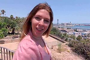 Tourist girl performs blowjob in public park for quality photos exchange.