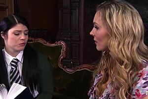 brunette lesbian gets fucked from the back by big titty lesbian banging her doggy style 😈🔥