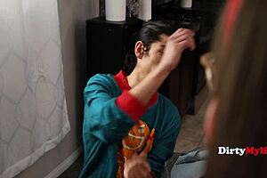 subtle hints of step family ass line up forming under christmas tree with glasses and ffm fun