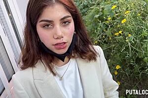 Hot latina Marina Gold gets caught on the street and sucks small cock in public interracial blowjob with outdoor riding and wet pussy missionary.