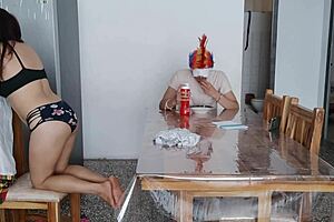 A latina maid with charming natural big tits flashes and fulfills a dark fetish at home for her caretaker.