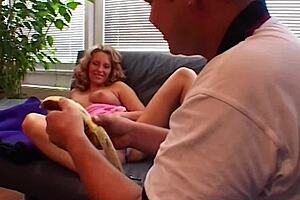 Blonde mature maid takes cumshot after hairy fucking and facial in the living room.