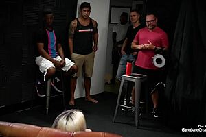 so this blonde milf takes on all five guys, letting them fuck her until they each cum deep in her pussy with gagging action