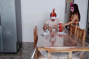 A latina maid with charming natural big tits flashes and fulfills a dark fetish at home for her caretaker.