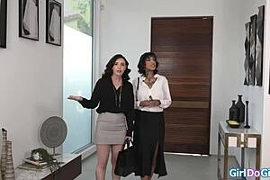 Two milfs explored interracial lesbian desires with anal strapon fucking. Ebony's perspective changed through licking and toy play.