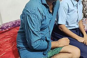 Desi college coed with big tits and shaved pussy rides boyfriend's cock in cowgirl for creampie 😏