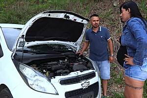 Mechanic Tommy Miller licks and fucks sexy Colombian milf with big tits in car exchange