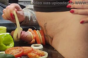 Fuck yeah, extreme cock torment with urethral insertion using cucumber in wild kitchen bdsm session!