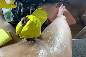 Stepmom Washed My Cock With Handjob In Kitchen Until Cumshot Erupted In Ffm Threesome With Gloves