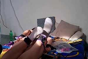 I enter my hot and naughty stepsister's room while her boyfriend is in the bathroom. With her eyes blindfolded, I play with her tight pussy in this homemade amateur scene.