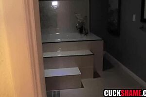 blindfolded wife enjoys surprise from cuckold husband