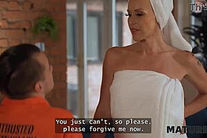 Rough sex unfolds with big-titted milf neighbour in uniform on sofa. British burglar steals diamonds after pounding shaved pussy hard.