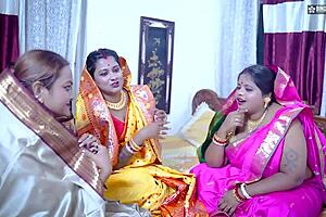 Desi horny Indian three bhabhi at a wedding party getting fucked by dewar in bedroom groupsex like brides in costumes