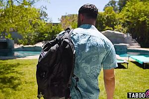 Pool service worker Seth handles curvy Latina milf Lexi Luna with big tits and ass outdoors