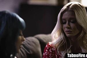 Lesbian GIRL CHEATS on GF with MILF LANDLORD in a scenario involving old and young dynamics with scissoring.