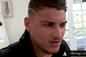 Mommy's boy features cock hungry milf Melony Melons cheating by seducing stepson-in-law for oiled titty fuck. She takes his monster cock sloppily with big natural tits.