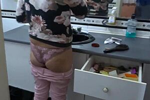 I put on lingerie to turn on my stepson and masturbate. He cums in my hairy pussy as beautiful curvy housewife.